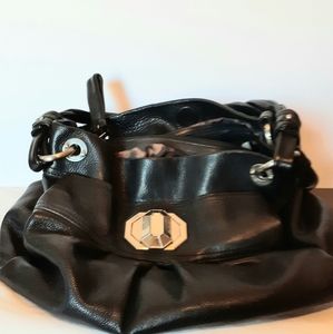 B Makowsky Black Leather Hobo Shoulder Handbag Printed Lining